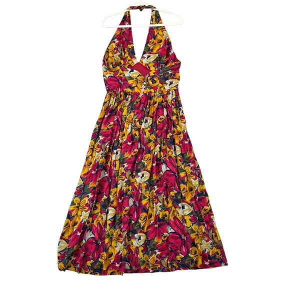Depeche Mode Dress Womens Size 14 Red Yellow Floral Halter Maxi Rayon Made USA - Picture 2 of 10